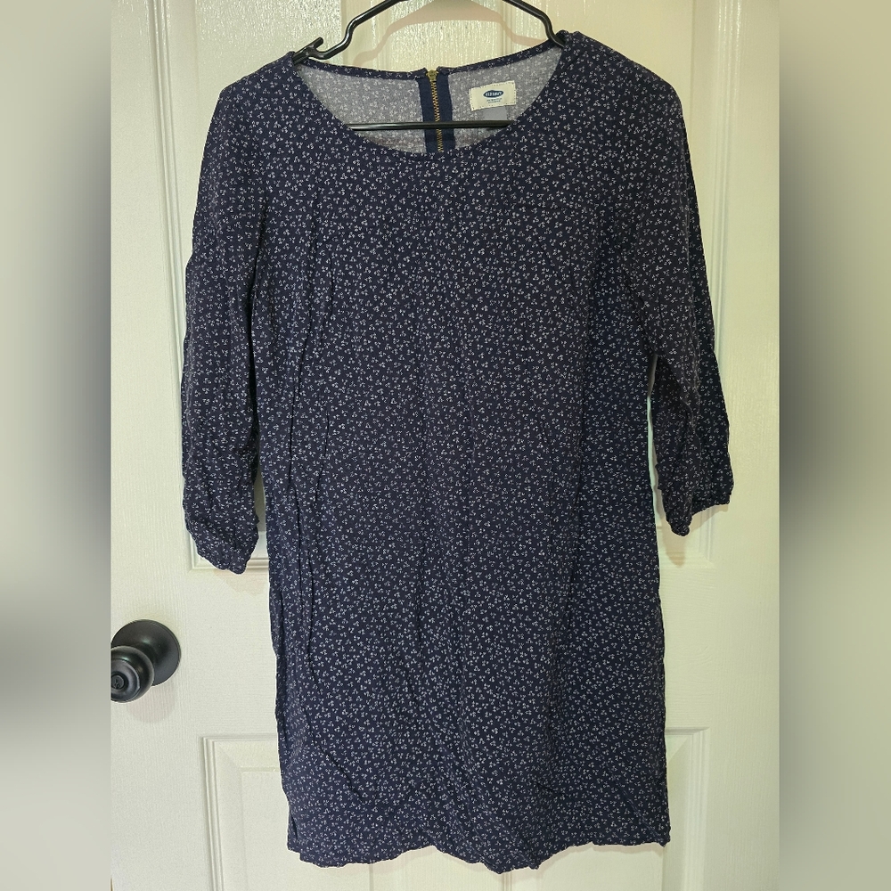 Old Navy Navy Micro-Floral Three-Quarter Sleeve Shift Dress